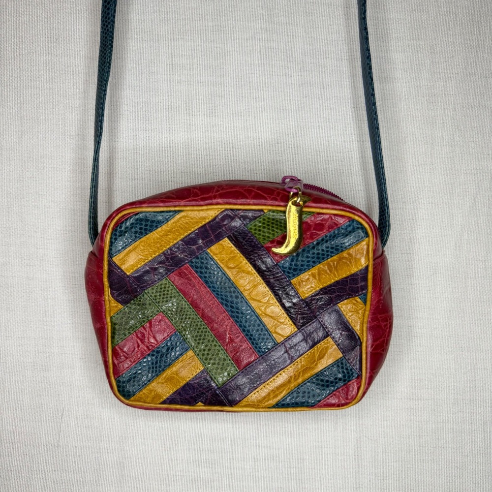 Sharif Vintage Multi Color Patchwork Leather Crossbody Bag Snakeskin Croc